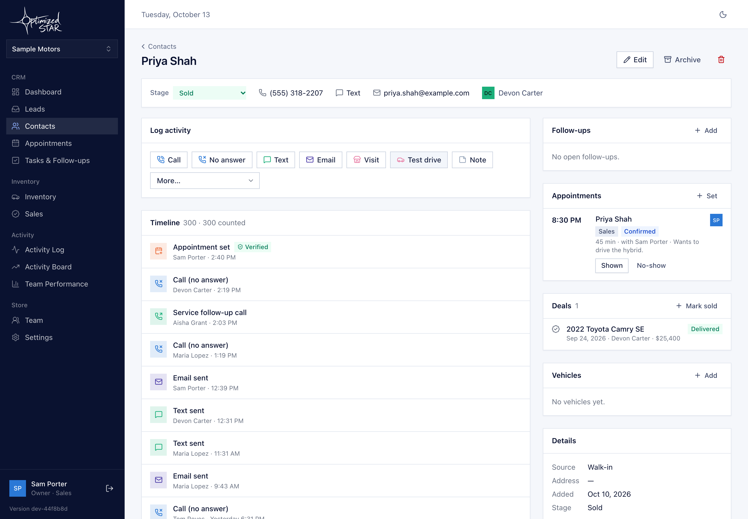 A contact's page and timeline in preview mode, with sample data.